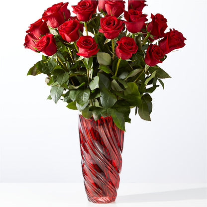 Clásico ramo de rosas rojas del amor con jarrón de lujo en espiral